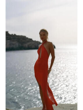 Flook The Label Asha long Dress  hot orange Halterneck tie open back size S $210